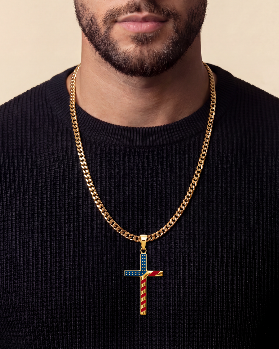 The American Cross pendant and 5mm Gold Cuban Chain