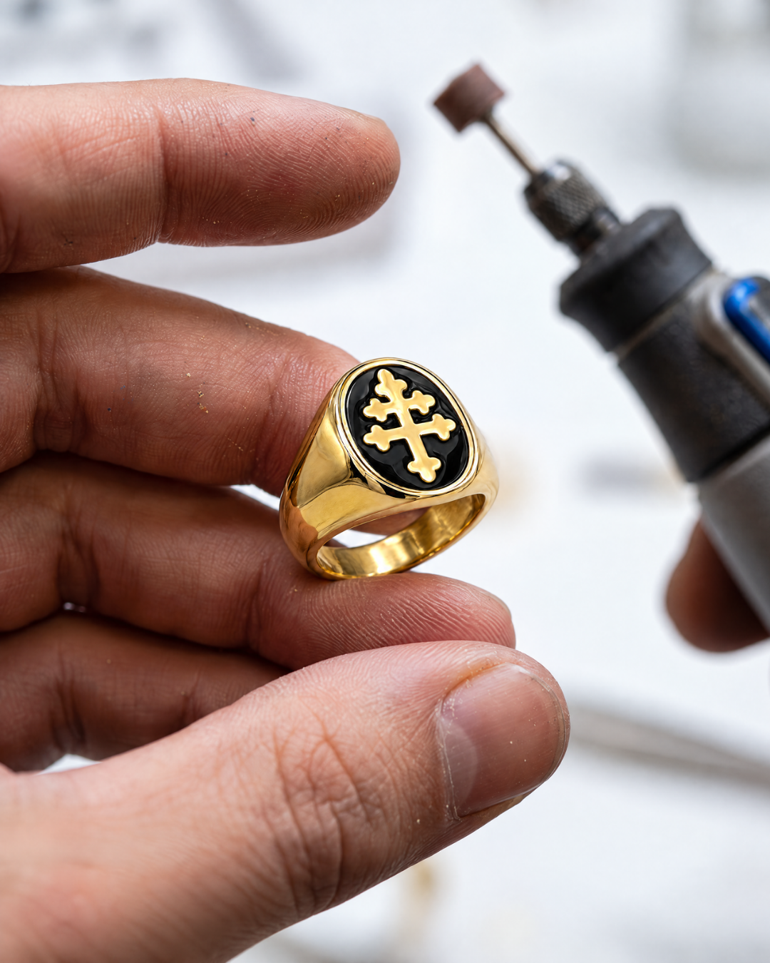 Handcrafted cross and side detail of a HAVN signet ring